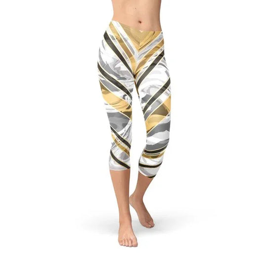 White Marble w/ Black Gold Lines Capri Leggings - Which Mark