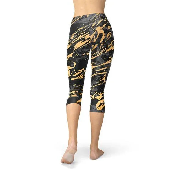 Womens Black Marble w/ Gold Splash Capri Leggings - Which Mark
