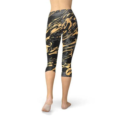 Womens Black Marble w/ Gold Splash Capri Leggings - Which Mark