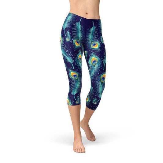 Blue Peacock Feathers Capri Leggings - Which Mark