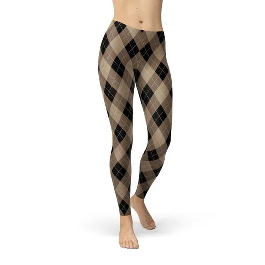 Womens Beige Brown Argyle Leggings - Which Mark