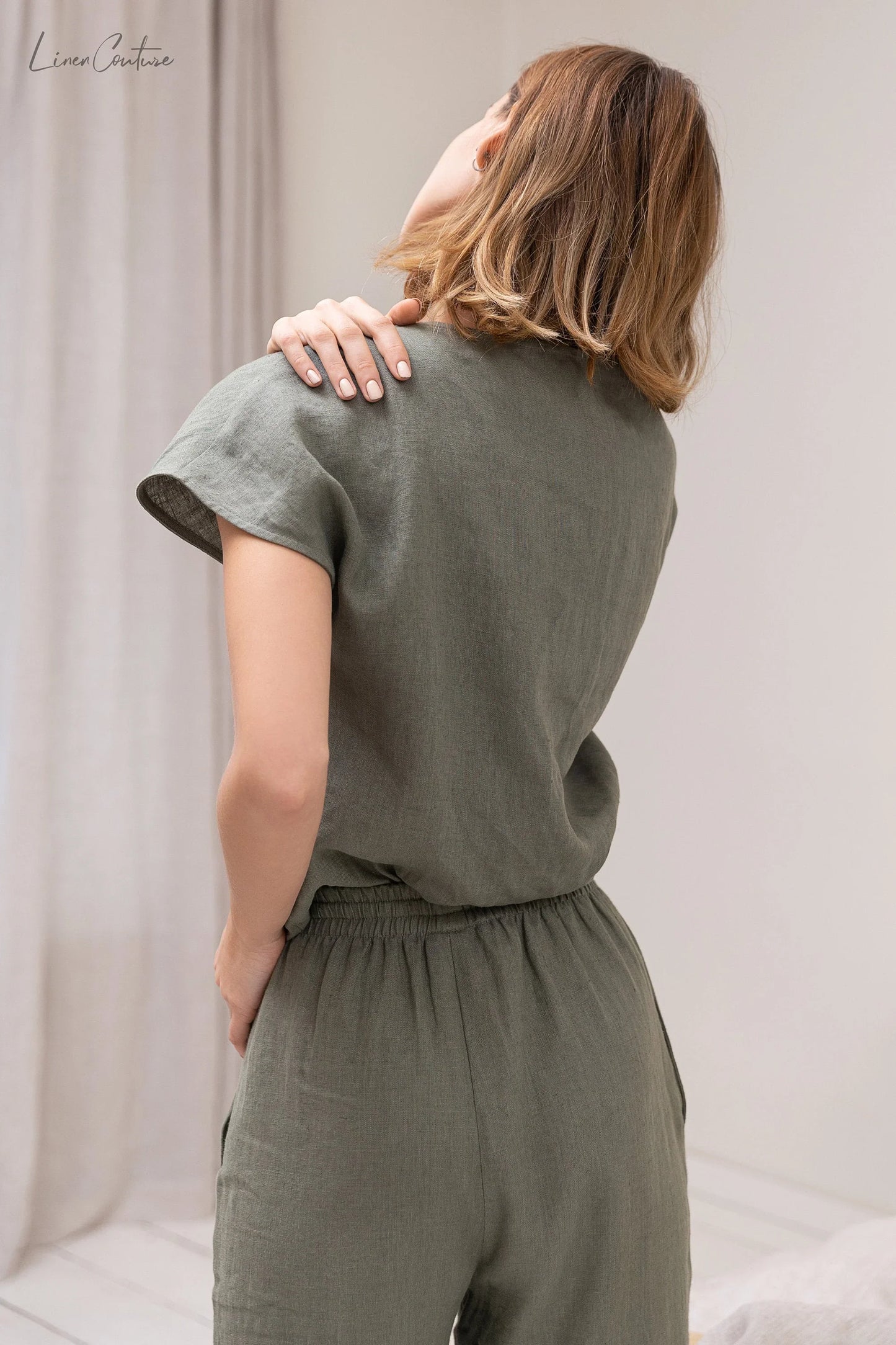 Safari green linen / Natural Linen Pajama set / Linen loungewear / - Which Mark