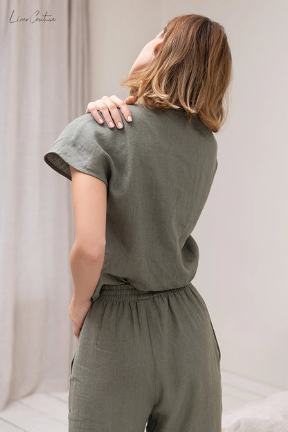 Safari green linen / Natural Linen Pajama set / Linen loungewear / - Which Mark