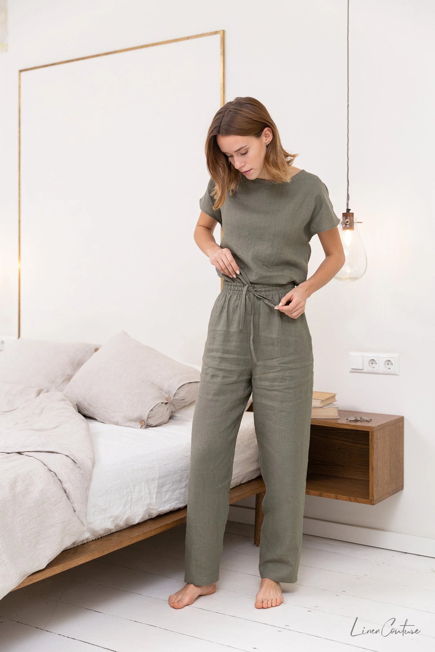 Safari green linen / Natural Linen Pajama set / Linen loungewear / - Which Mark