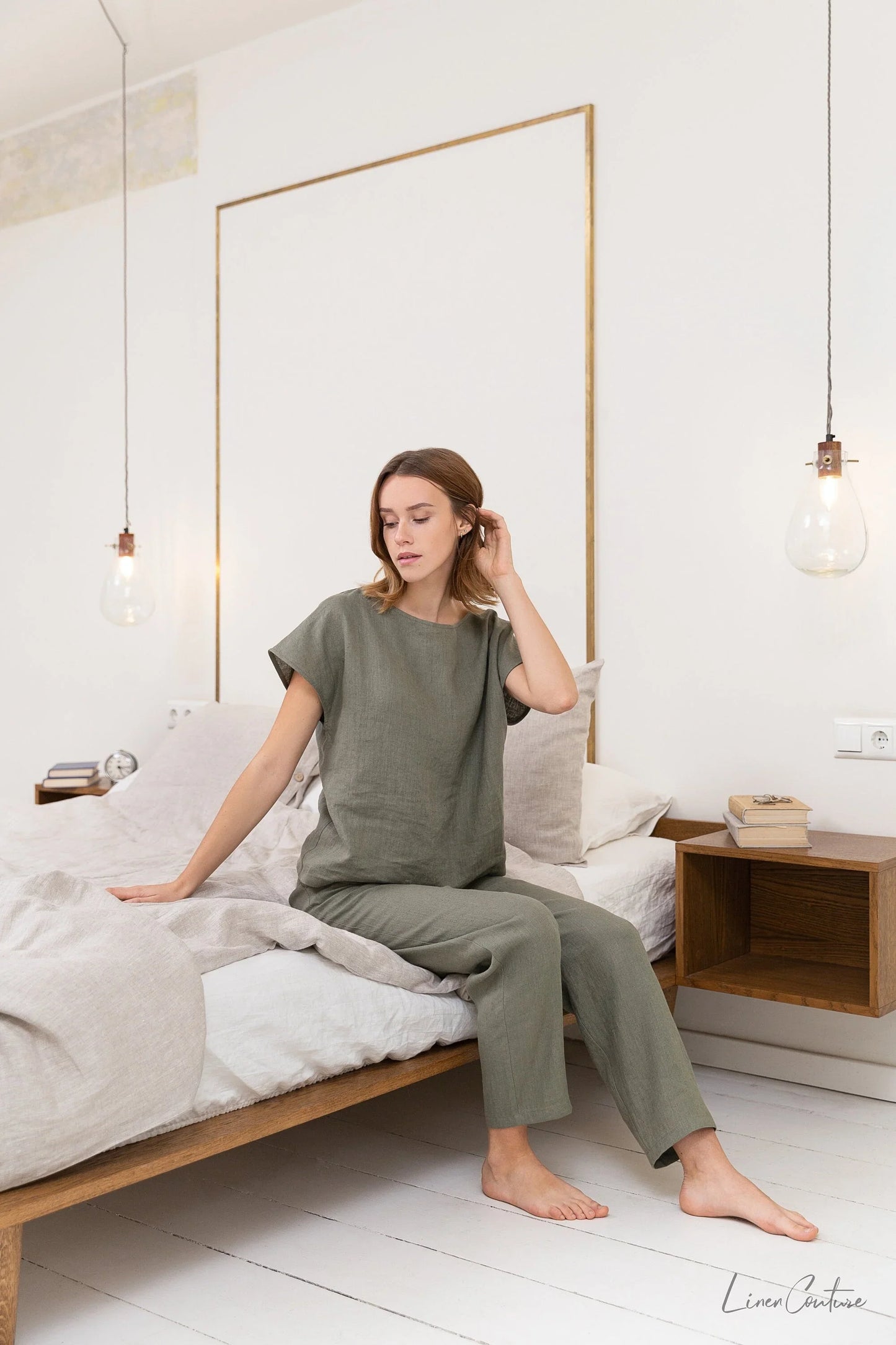 Safari green linen / Natural Linen Pajama set / Linen loungewear / - Which Mark
