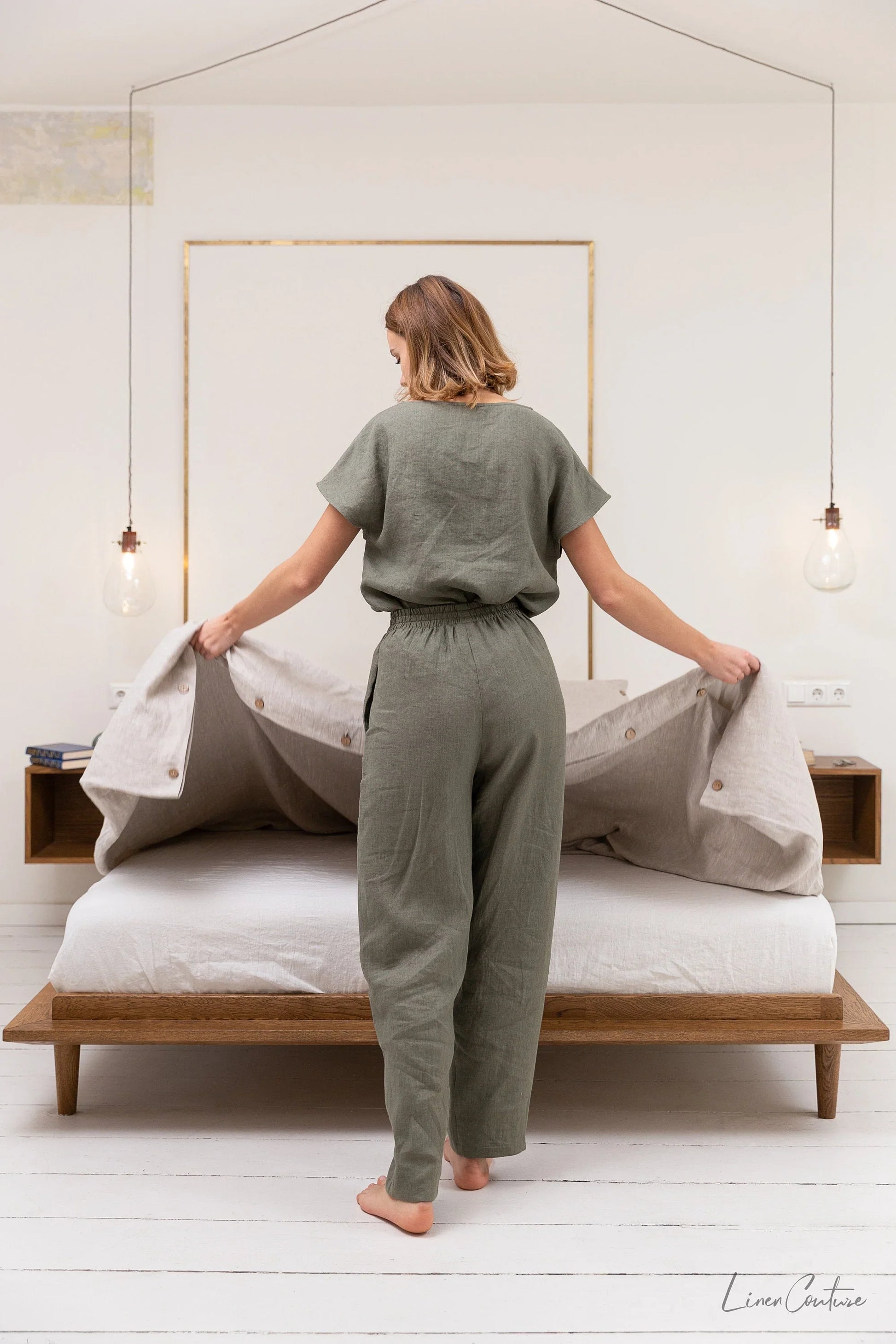 Safari green linen / Natural Linen Pajama set / Linen loungewear / - Which Mark
