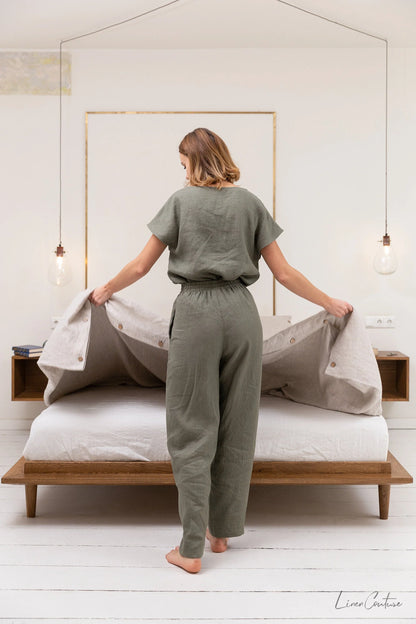 Safari green linen / Natural Linen Pajama set / Linen loungewear / - Which Mark