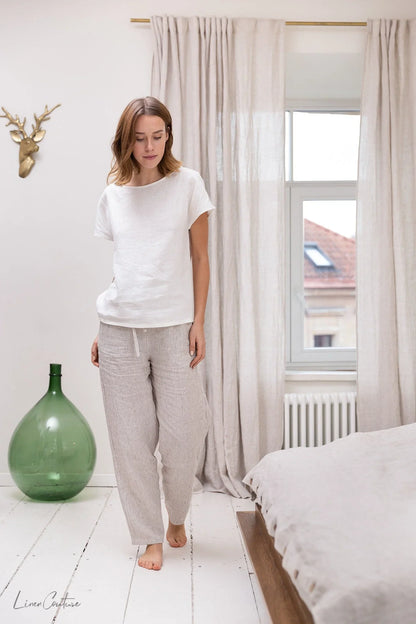 Striped Beige linen / Natural Linen Pajama set / Linen loungewear / - Which Mark