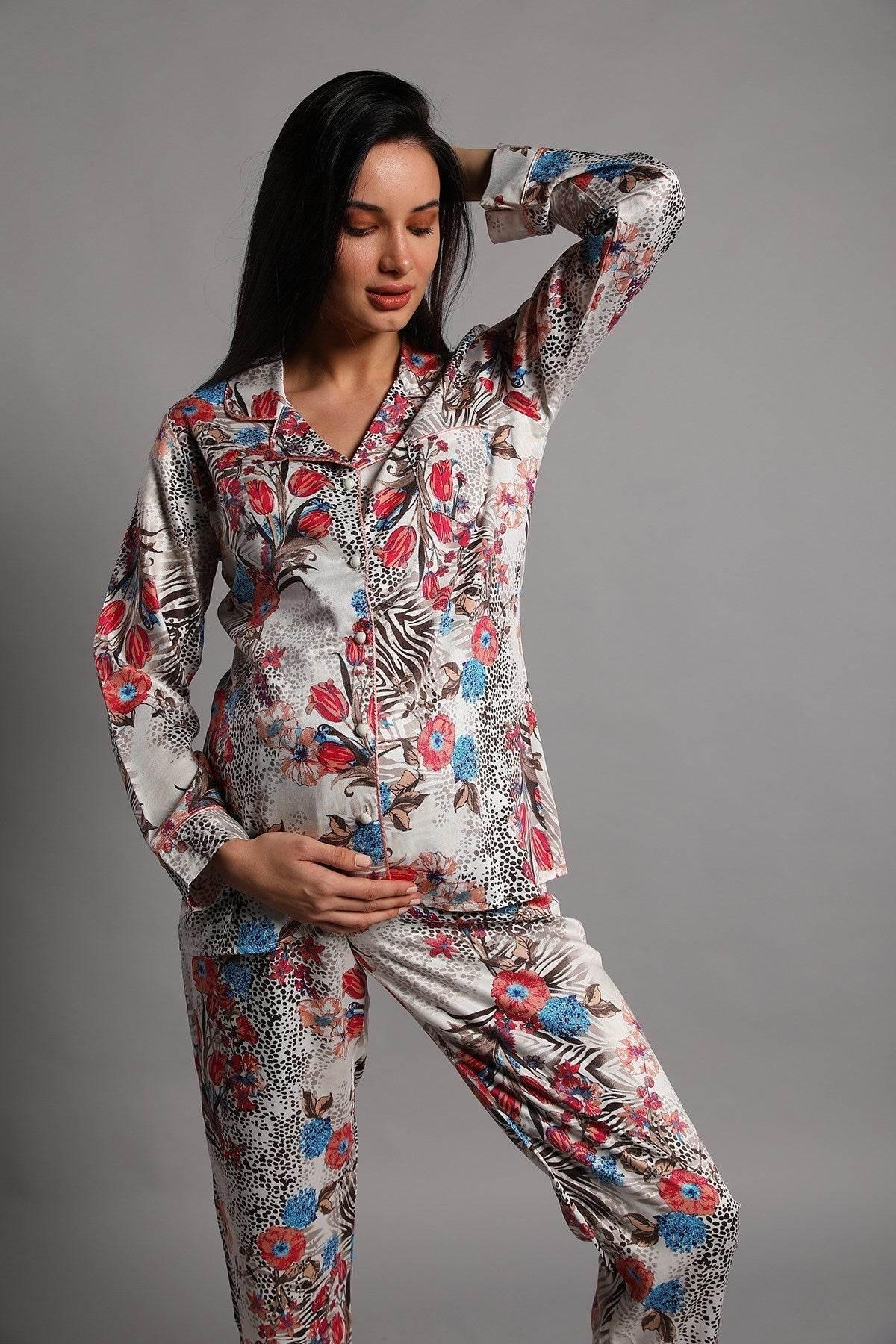 Shopymommy 5248 Jasminlong Front Button Maternity & Nursing Pajamas - Which Mark