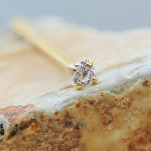 14Kt Yellow Gold Prong Set Clear CZ Fishtail Nose Ring - Which Mark