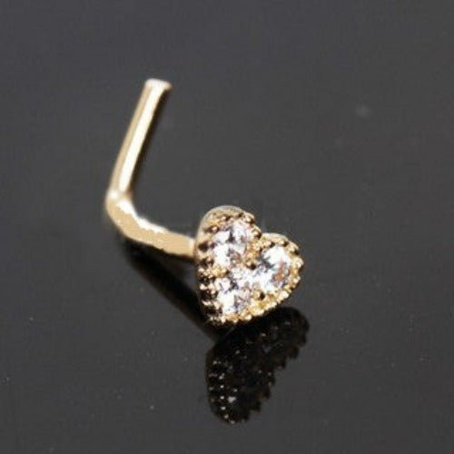 14Kt Yellow Gold Clear CZ Heart L Bend Nose Ring - Which Mark