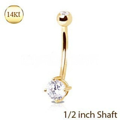 14Kt Yellow Gold 1/2" Navel Ring with Clear Round Prong Set CZ - Which Mark