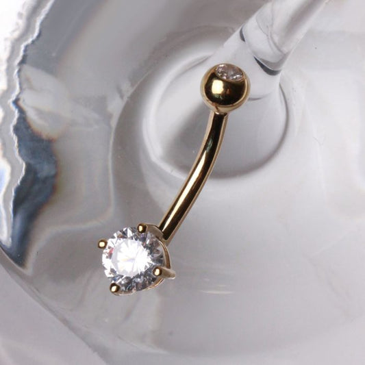 14Kt Yellow Gold 1/2" Navel Ring with Clear Round Prong Set CZ - Which Mark