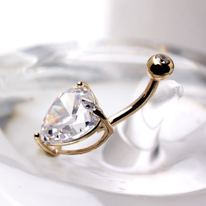 14Kt Yellow Gold Navel Ring with Large Clear Heart Prong Set CZ - Which Mark