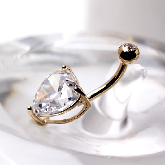 14Kt Yellow Gold Navel Ring with Large Clear Heart Prong Set CZ - Which Mark