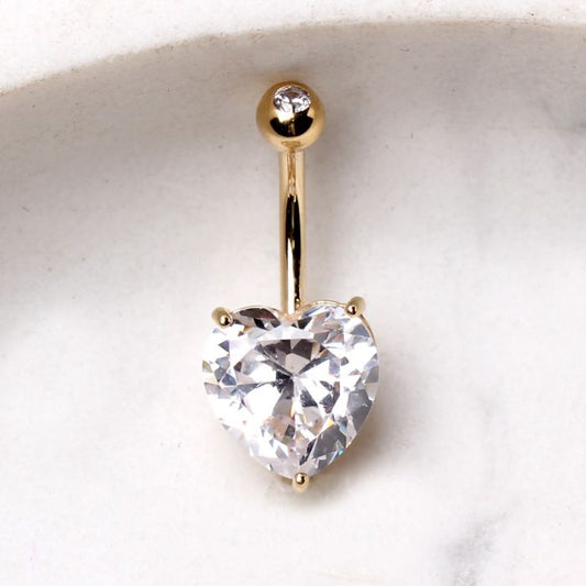 14Kt Yellow Gold Navel Ring with Large Clear Heart Prong Set CZ - Which Mark