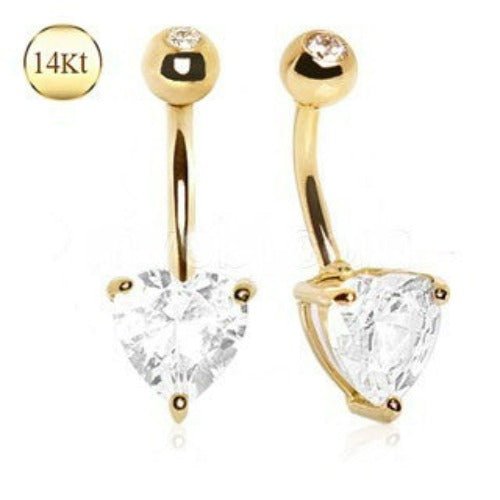 14Kt Yellow Gold Navel Ring with Large Clear Heart Prong Set CZ - Which Mark
