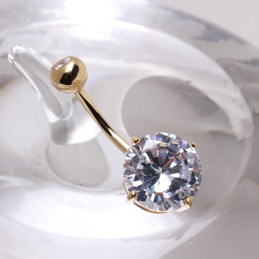 14Kt Yellow Gold Navel Ring with Large Clear Round Prong Set CZ - Which Mark