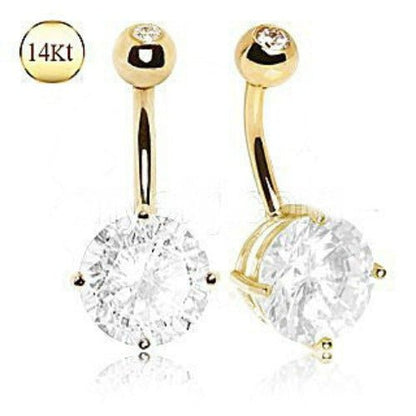 14Kt Yellow Gold Navel Ring with Large Clear Round Prong Set CZ - Which Mark