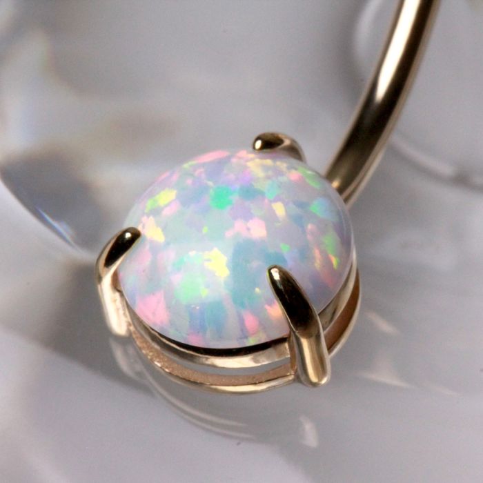14Kt. Yellow Gold Navel Ring with Prong Set White Synthetic Opal - Which Mark