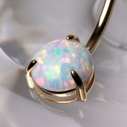 14Kt. Yellow Gold Navel Ring with Prong Set White Synthetic Opal - Which Mark