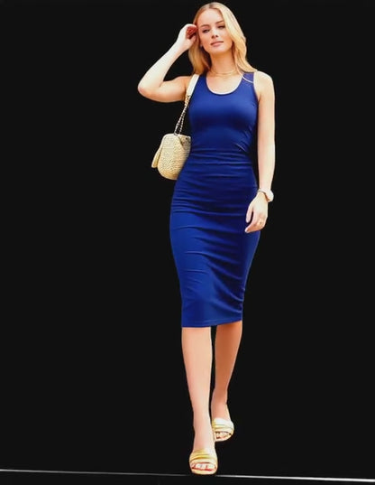 Navy blue midi dress with straps, fitted FG666
