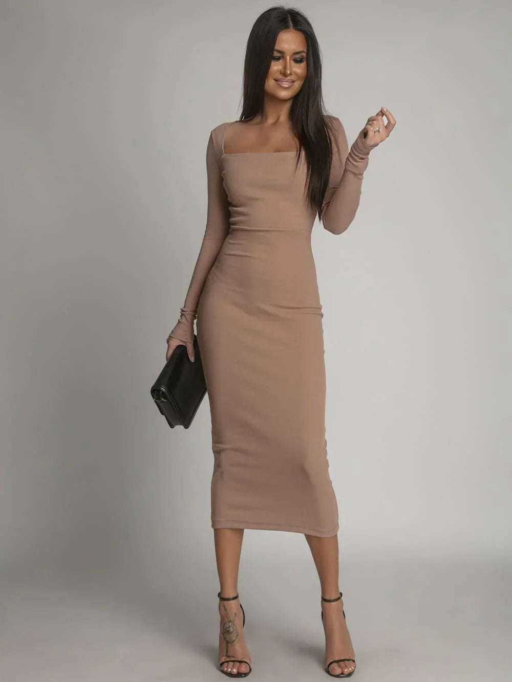 Pencil midi dress with a cappuccino neckline FG671 - Which Mark